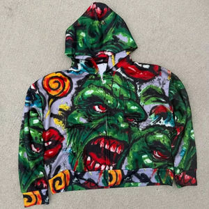 Sudadera con Capucha 100% Algodón, Estampado Completo, Patrón Tridimensional Bordado, Técnica de Lavado Francés, Estilo Holgado para Otoño - Product Image 1