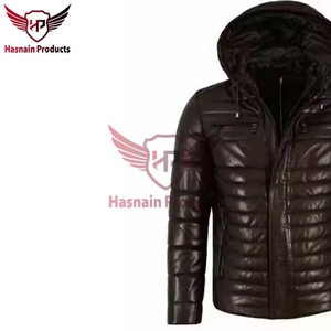 Blouson matelassé en cuir véritable marron pour homme, style motard, doublure en cuir de vachette, classique, chaud, pour l'hiver - Product Image 4