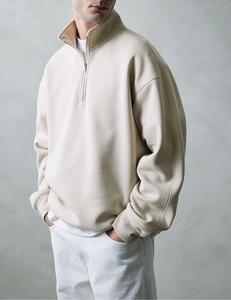 Sweat-shirt zippé coupe ample coton et polyester fade beige clair à manches longues col montant T-shirts à épaules tombantes pour homme - Product Image 2