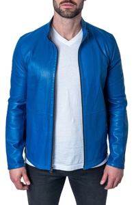 Chaqueta de piel de oveja para hombre con cuello azul ajustable y piel sintética chaqueta azul de piel de cordero suave para hombre - Product Image 4