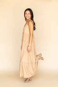 Atractivo sólido 100% tela de algodón verano cuello en V hasta el tobillo con escalonado suelto Casual sin mangas señoras Maxi vestido para mujer - Product Image 3