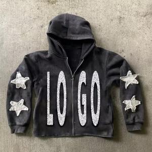 Vintage lavage à l'acide 500 Gsm sweat à capuche surdimensionné en détresse broderie Patch travail fermeture éclair 100% coton soleil délavé à l'acide sweat à capuche - Product Image 1