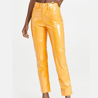 Femmes élégant ample jambe droite en cuir PU taille haute pantalon respirant Streetwear bouton plat avant taille moyenne Style d'hiver