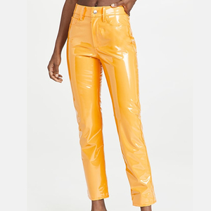 Pantalones elegantes holgados de pierna recta de cuero PU de cintura alta para mujer, ropa de calle transpirable, botón frontal plano, cintura media, estilo de invierno - Product Image 1