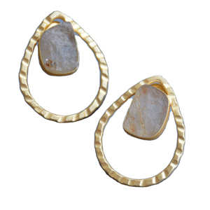 Premium Brass Cluster <b>Earrings</b> Gold Plated Stud Raw Natural Stone Design <b>Rhodium</b> Plated Brass Trendy Statement Piece - Product Image 1