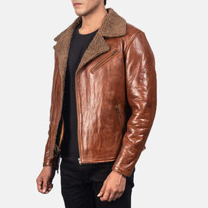 Genuine Sheepskin Reversible Brown Leather <b>Jacket</b> Water Resistant Zippered <b>Biker</b> Style Winter XS Size - Product Image 2