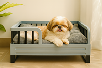 Lit pour animaux de compagnie avec cadre en bois d'acacia Barres en acier Panneau MDF Pieds en métal 26x18x12 po Durable pour chiens et chats