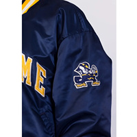 University of Notre Dame Blue Satin Bomber Jacket Classic Varsity Look para estudiantes