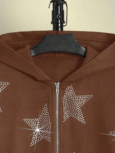 Sweat-shirt unisexe à capuche marron zippé en polaire avec imprimé étoile en strass, coupe décontractée, vêtement d'hiver, service OEM - Product Image 6