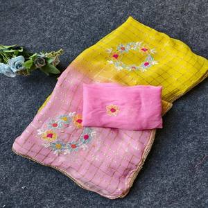 Sari VASTRA COTTAGE de georgette pura con cuadros amarillo y rosa, bordado con lentejuelas, elegante para fiestas y ocasiones festivas para mujer. - Product Image 1