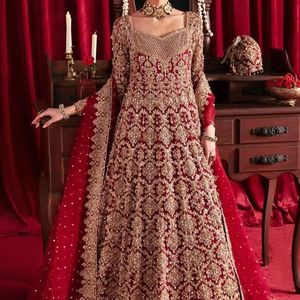 ชุดเจ้าสาวสีแดงเข้มสวยกับ dupatta หรูหราพร้อมผ้าหนาประดับไข่มุกงานปักหิน = 2025 - Product Image 1