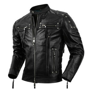 Nouvelle veste en cuir de vache/vieille peau de mouton noir classique vintage pour homme, respirante, veste de motard à fermeture éclair, col montant - Product Image 5