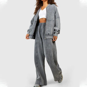 Ensemble survêtement oversize pour femme en molleton français délavé à l'acide avec strass, col rond, cordon de serrage, deux pièces - Product Image 3