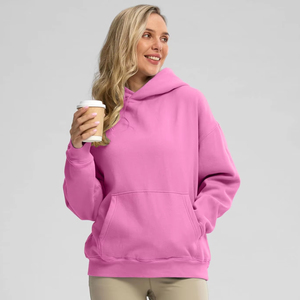 Hot Selling Women's Winter Knitted Drop Shoulder Oversized Solid <b>Pink</b> Double Hooded Pullover Long Sleeves 100% Cotton Hoodies - Product Image 5