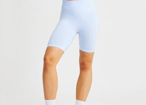Women Light Blue Seamless Biker <b>Shorts</b> High Waist Stretch <b>Yoga</b> Gym Wear - Product Image 3