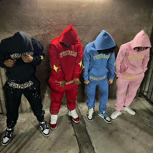 100% algodón Color sólido hombres conjuntos de chándal apilados hombres vintage lavado ácido Flare pantalones de chándal y sudaderas con capucha chándal hombres - Product Image 2