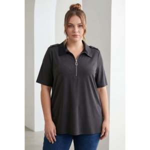Blusa modal de talla grande con hombreras y cremallera, color negro - Product Image 1