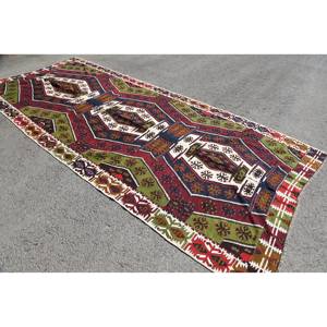 Tapis Kilim Turc Vintage 5.8 X 13.4ft Rouge Vert Patchwork Design Laine Matériau Latex Support 10mm Rectangle Abstrait pour Vivre - Product Image 2
