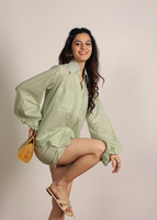 Ensemble deux pièces en coton imprimé vert et blanc, chemise de travail écologique à rayures simples, hauts bohèmes et mini-shorts
