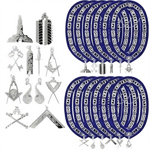 Masonic Officer Chain Collars <b>Set</b> of 12 Blue Leather Vintage Embroidered Lace <b>Sew</b>-On Lodge Regalia with Silver Emblems - Product Image 2