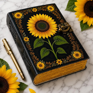 Diario de cuero hecho a mano Sunflower, Grimoire amarillo, Libro de las Sombras con borde deshilachado y cerradura antigua, Regalo para escritura y viajes - Product Image 4