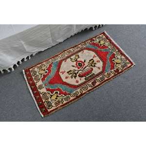 Alfombra turca Vintage de 1,8X3,4 pies, clásica, roja, Beige, área grande, retales de lana, látex, rectángulo abstracto para adolescentes, para pasillo - Product Image 2