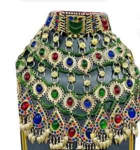 Conjunto de joyería étnica pashtún afgana Diseño raro con piedras de vidrio y cadenas colgantes de acero inoxidable para fiesta Islam religioso - Product Image 2