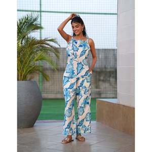 Shell Spell Skinny Fit <b>Strappy</b> Coord Set for Summer Casual Style with Bead Detailing and Wide Legged Pants 100% Cotton - Product Image 1