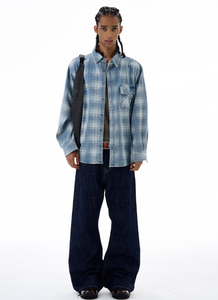 Veste en jean décontractée vintage pour homme personnalisable, design à carreaux délavé, lavable, décoration à boutons, pour couples - Product Image 6