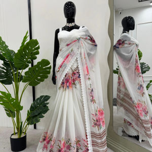 Saree นักออกแบบที่สวยงามด้วยการพิมพ์ดิจิตอลด้วยลูกไม้แฟนซี - Product Image 1