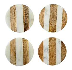 Round Marble Acacia Wood Coasters <b>Set</b> of 4 Natural Wood And Marble Mango coaster Made In India - Product Image 4