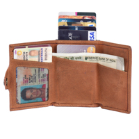 Dompet kartu kulit vintage model lipat tipis dengan jendela ID, saku uang, dan fitur RFID blocking, organizer ringkas.