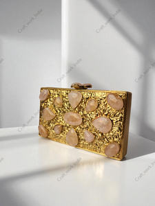 Rose Quartz Gemstone Panelled Clutch with Gold Textured Frame Featuring Soft <b>Pink</b> Natural Stones Luxury Statement <b>Bag</b> for women - Product Image 3