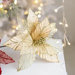 Dekorasi pohon Natal buatan, hiasan pohon Natal buatan, jaring berkilau, bunga Poinsettia, dekorasi bunga Natal