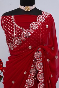 ชุดผ้าส่าหรีเนื้อนิ่มสุดพิเศษสำหรับผู้หญิงเสื้อผ้าบูติกอินเดียสีแดงชุดใส่ไปงานแต่งสุดหรู - Product Image 4