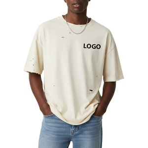 Custom Vintage Solid 180gsm 100% Cotton Oversized Distressed Hip Hop T-Shirt for Mens Men Custom Logo Distressed Tee Wholesale - Product Image 1