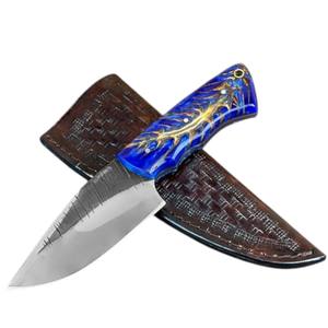 Cuchillo de Caza de Acero de Damasco Hecho a Mano OEM |   Cuchillo de Supervivencia para Exteriores con Hoja Fija y Mango de Resina, Funda de Cuero, 3 Años - Product Image 1