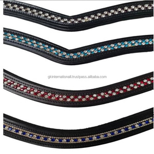 Banda para la frente de caballo de cuero inglés negro o marrón Habana diseñada con banda para la frente de pedrería brillante multicolor personalizada - Product Image 1