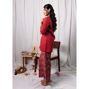 Conjunto de Dos Piezas de Algodón Estampado a Mano Butti Rojo para Mujer, Talla XXS, con Decoración de Botones, para Oficina - Product Image 4