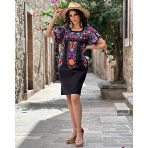 Vestido Maxi de Algodón con Bordado Floral Azul para Mujer, Manga Corta Abullonada, Estilo Étnico Casual de Verano, Estilo Bohemio, Cintura Natural, Lavable - Product Image 3