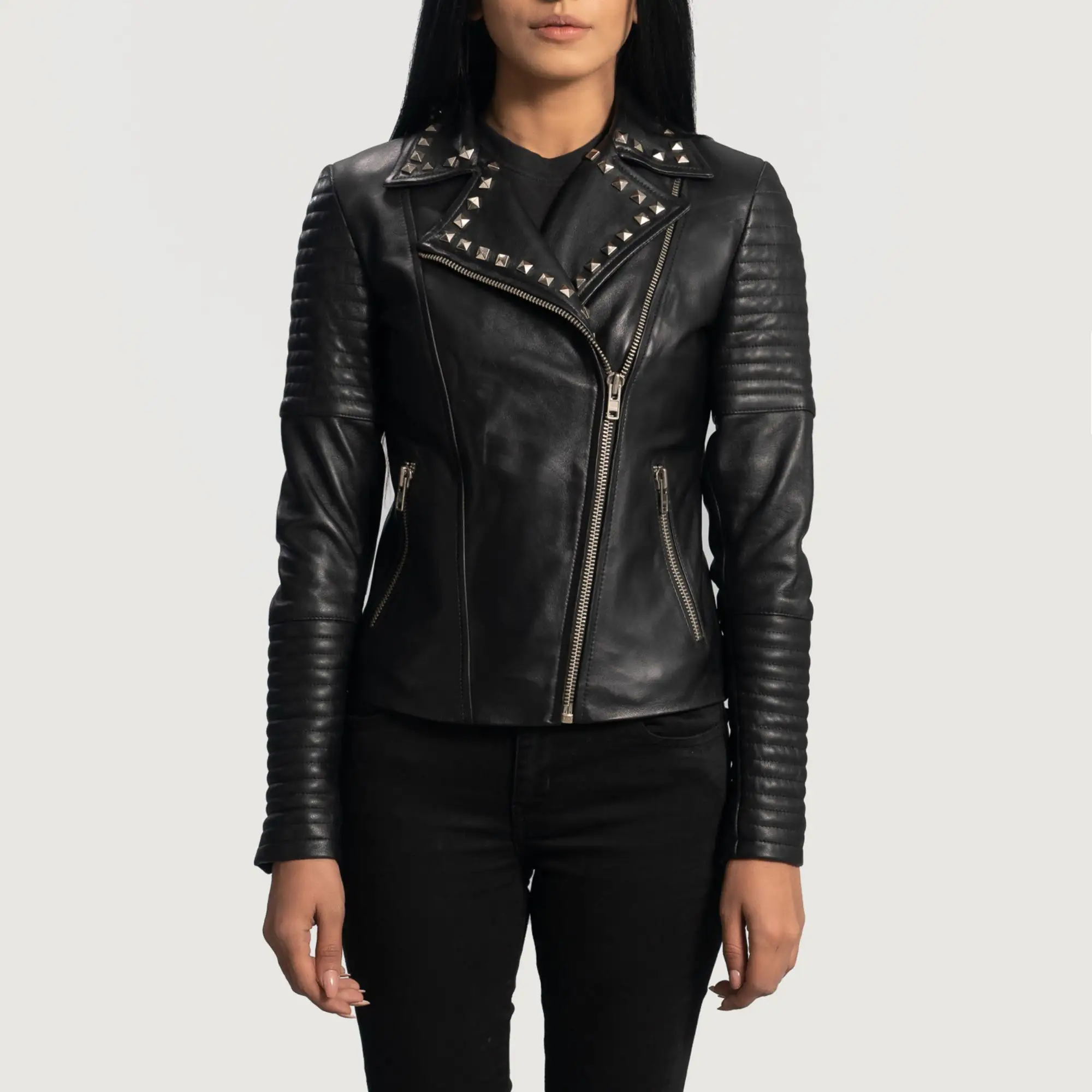 Veste de motard en cuir véritable en peau de mouton pour femmes Style Sally Mae clouté noir avec fermeture éclair doublure en viscose matelassée à l'envers