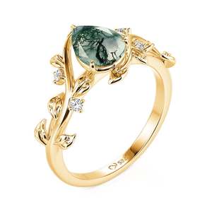 Anillo Romántico de Plata 925 Chapado en Oro de 18K para Mujer con Ágata Musgo Corte Pera y Detalles de Diamantes, Diseño de Planta para Uso Diario - Product Image 2
