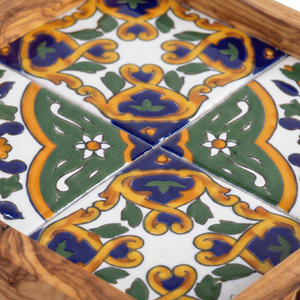 Unique Custom Square Serving <b>Tray</b> - Olivewood & Ceramic Ottoman <b>Tray</b> for Trendy Coffee Table Styling - Product Image 3