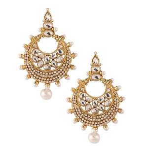 Boucles d'oreilles fines Kriaa Kundan blanc plaqué or perle Dangler 1303736 - Product Image 1
