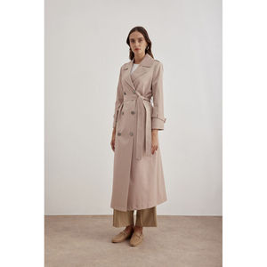 Manteau long beige vintage pour femme, à double boutonnage, avec détails brodés - Product Image 1