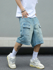 กางเกงยีนส์ขาสั้นขากว้างสำหรับผู้ชายกางเกงเอวสูงแบบลำลองกางเกงแฟชั่นผ้าเดนิมผ้าฝ้าย100% ออกแบบได้ตามต้องการ - Product Image 6