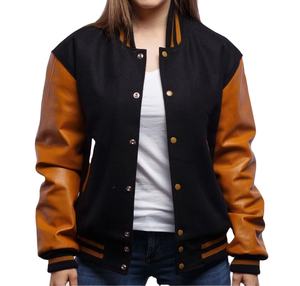 Veste universitaire classique en laine noire avec manches en cuir doré vieilli, col côtelé assorti, grande taille, personnalisable OEM, style Letterman - Product Image 5