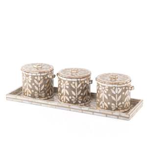 Elegant Mother Of Pearl Inlay 3 Jar Set With Tray Multipurpose Handmade Storage For Dates Sweets Spices Eid Ramadan Luxury <b>Gift</b> - Product Image 4