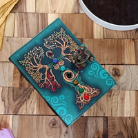 Carnet de sorcière vintage fait main en cuir motif arbre Mère Terre, Grimoire mystique à sept pierres avec bords festonnés pour les sorcières