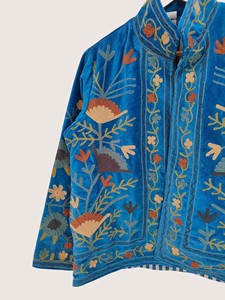 Veste décontractée pour femme en velours bleu, style bohème, broderie florale, col mandarin, manches longues, grande taille, pour l'automne - Product Image 3